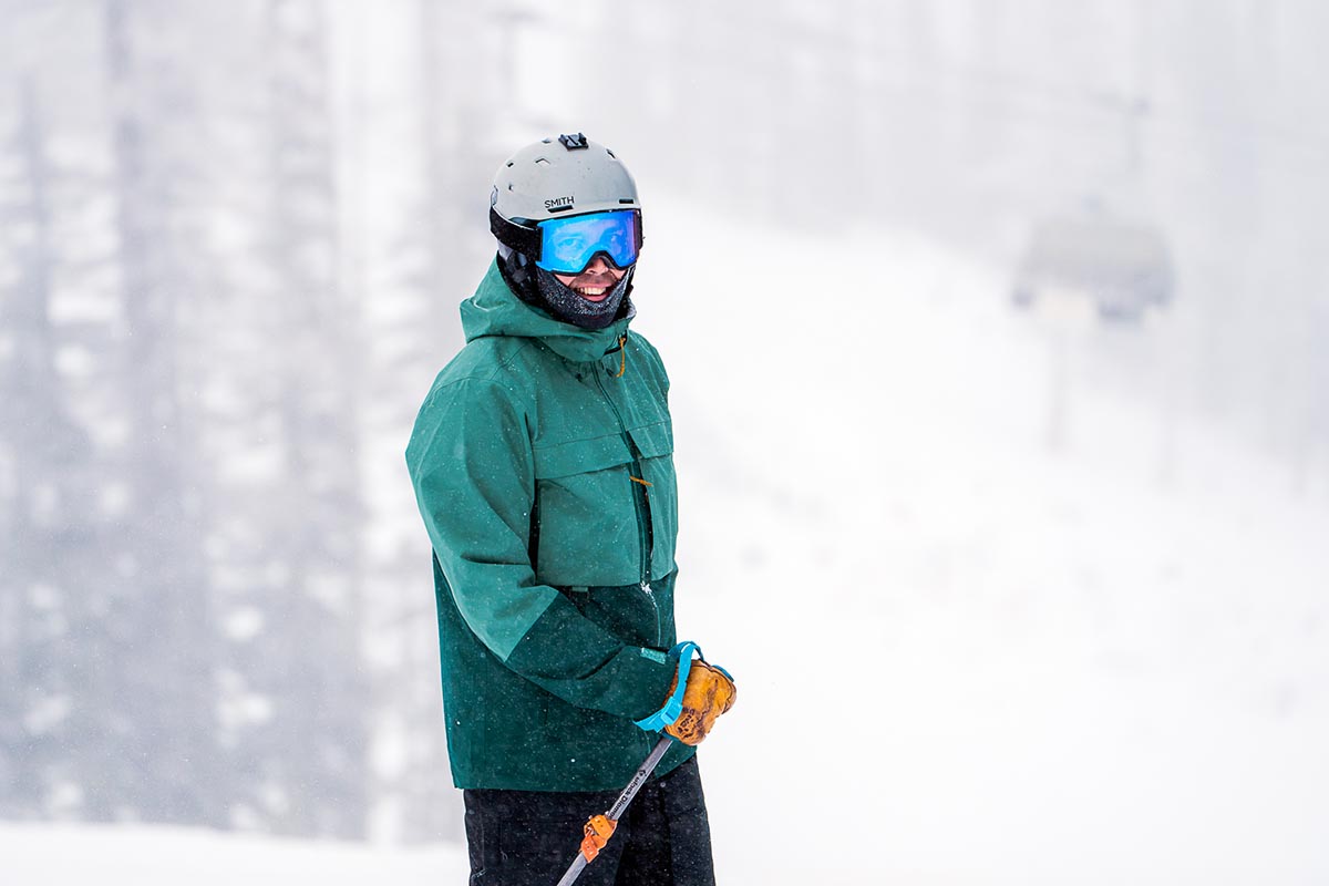 UK Clothing Shop -UK Clothing Shop Ski Jackets wearing REI First Chair in storm